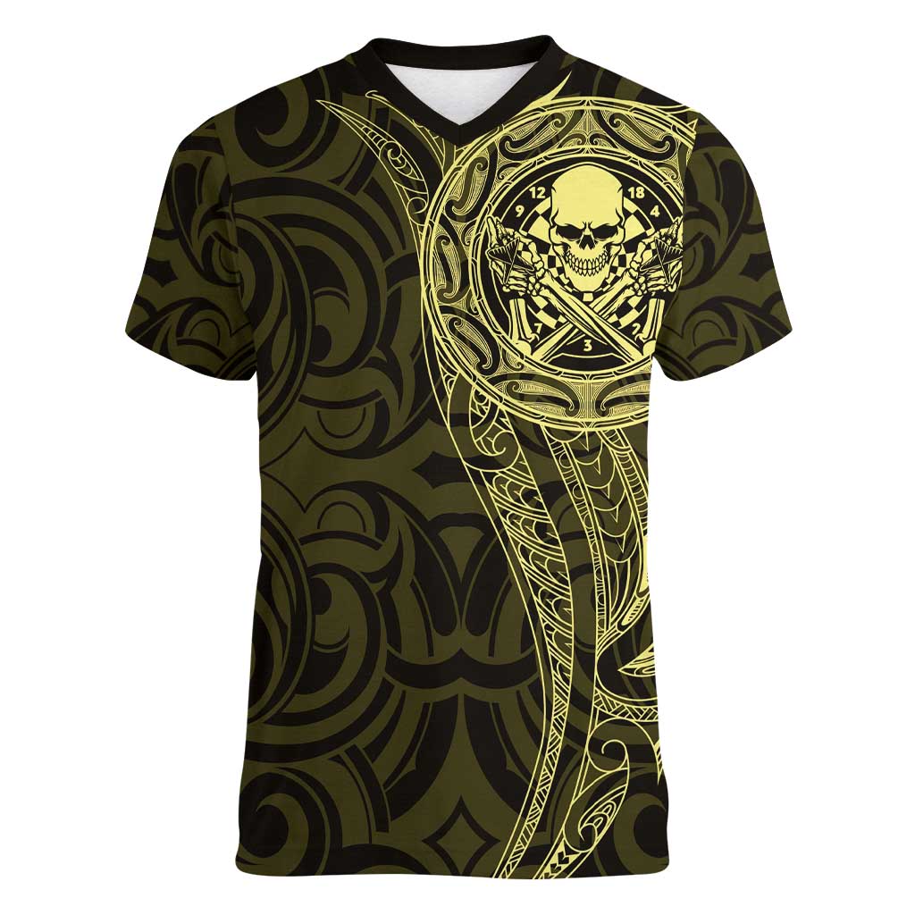 New Zealand Skull Darts Women V-Neck T-Shirt Aotearoa Maori Chest Tattoo Stylized Gold - Aussie Hoodie