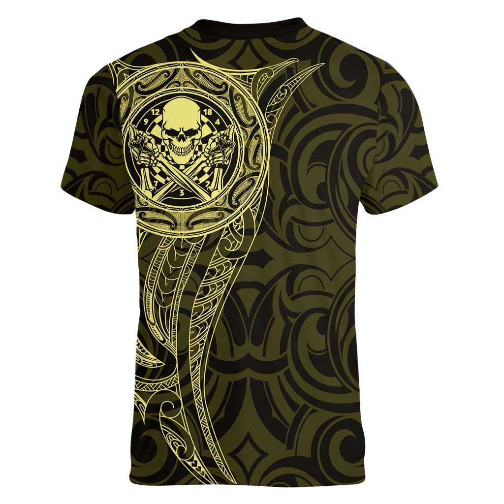 New Zealand Skull Darts Women V-Neck T-Shirt Aotearoa Maori Chest Tattoo Stylized Gold - Aussie Hoodie
