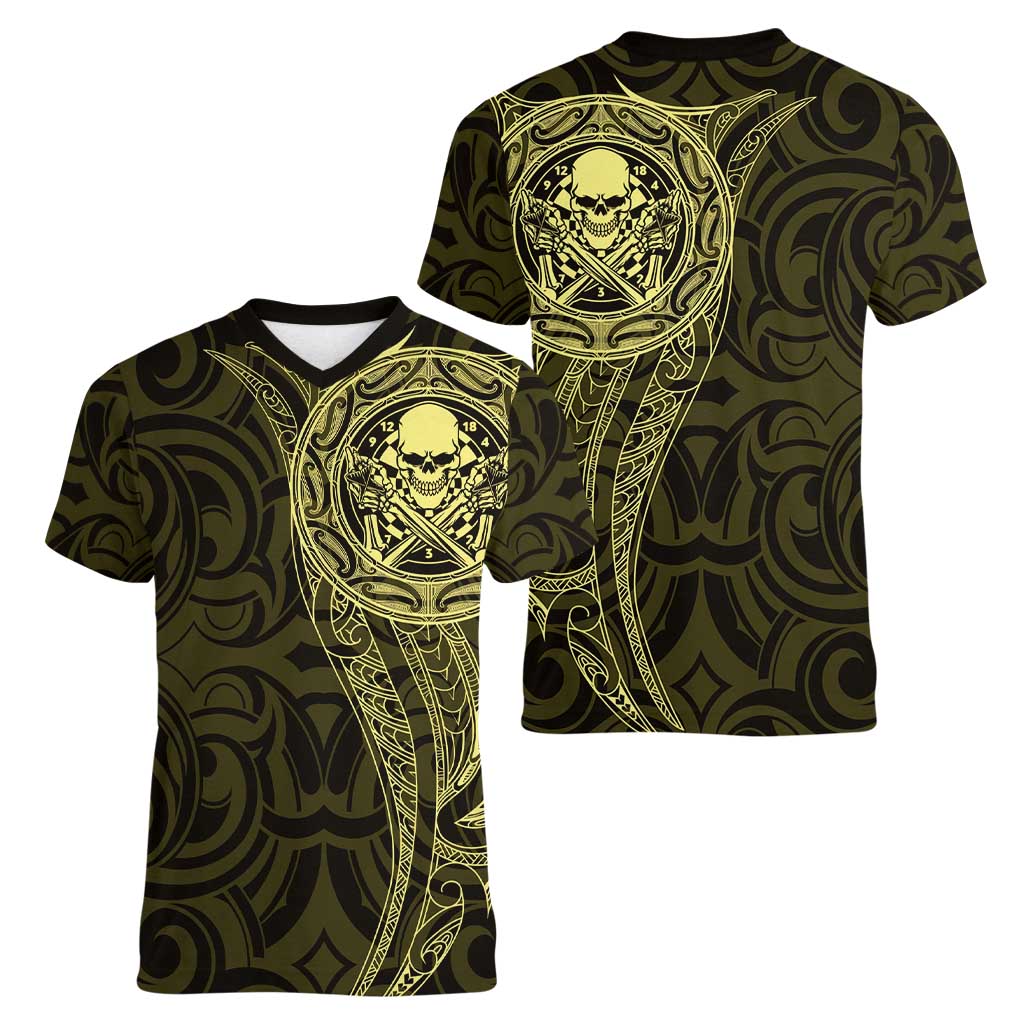 New Zealand Skull Darts Women V-Neck T-Shirt Aotearoa Maori Chest Tattoo Stylized Gold - Aussie Hoodie