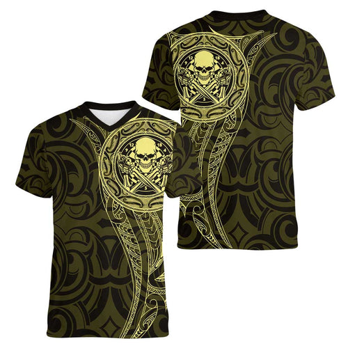 New Zealand Skull Darts Women V-Neck T-Shirt Aotearoa Maori Chest Tattoo Stylized Gold - Aussie Hoodie