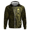 New Zealand Skull Darts Zip Hoodie Aotearoa Maori Chest Tattoo Stylized Gold - Aussie Hoodie