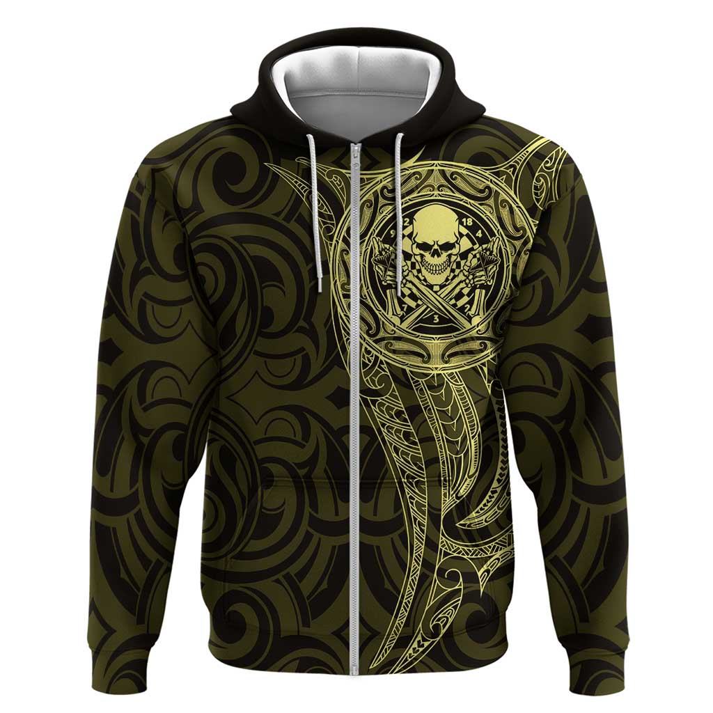 New Zealand Skull Darts Zip Hoodie Aotearoa Maori Chest Tattoo Stylized Gold - Aussie Hoodie