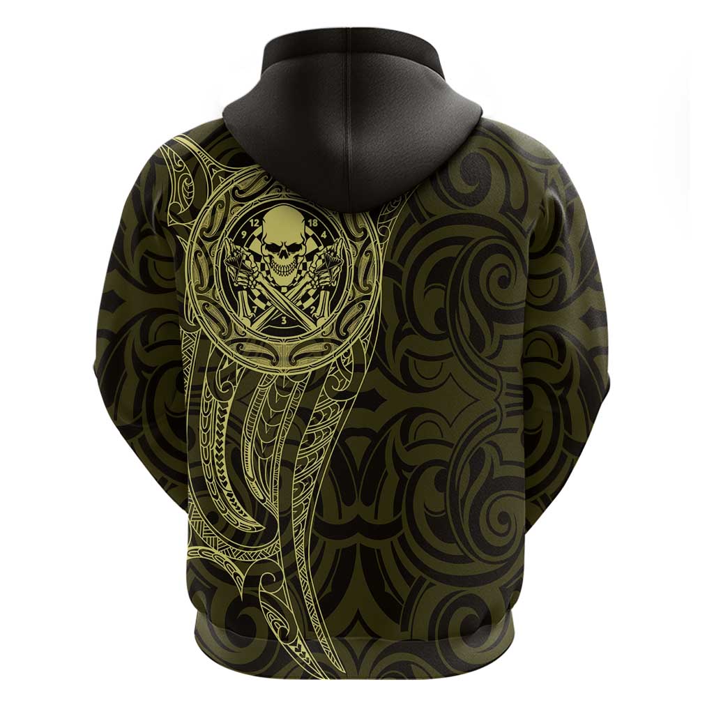 New Zealand Skull Darts Zip Hoodie Aotearoa Maori Chest Tattoo Stylized Gold - Aussie Hoodie