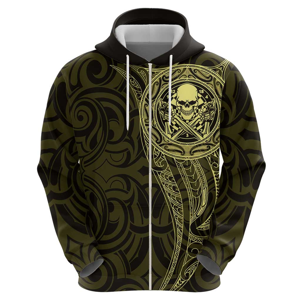 New Zealand Skull Darts Zip Hoodie Aotearoa Maori Chest Tattoo Stylized Gold - Aussie Hoodie
