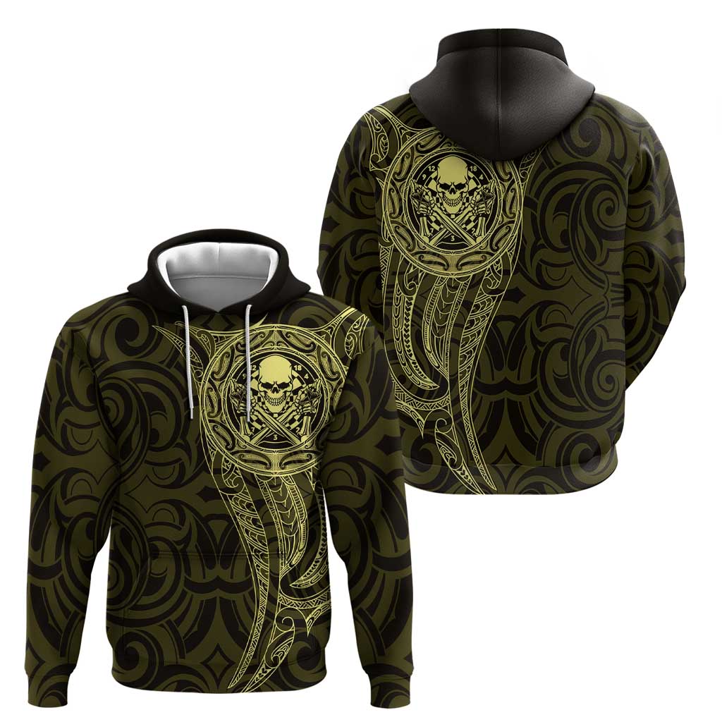 New Zealand Skull Darts Zip Hoodie Aotearoa Maori Chest Tattoo Stylized Gold - Aussie Hoodie