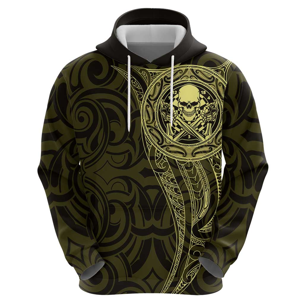New Zealand Skull Darts Zip Hoodie Aotearoa Maori Chest Tattoo Stylized Gold - Aussie Hoodie