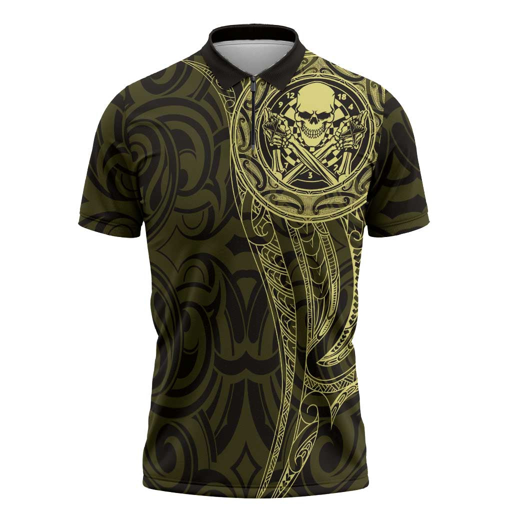 New Zealand Skull Darts Zipper Polo Shirt Aotearoa Maori Chest Tattoo Stylized Gold - Aussie Hoodie