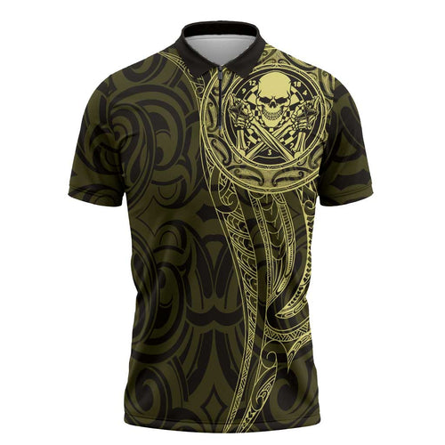New Zealand Skull Darts Zipper Polo Shirt Aotearoa Maori Chest Tattoo Stylized Gold - Aussie Hoodie