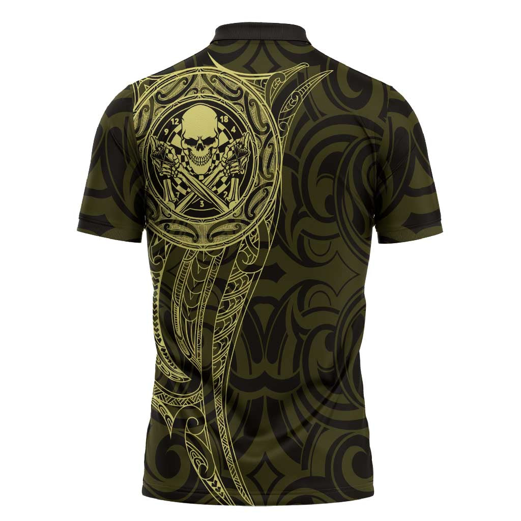 New Zealand Skull Darts Zipper Polo Shirt Aotearoa Maori Chest Tattoo Stylized Gold - Aussie Hoodie