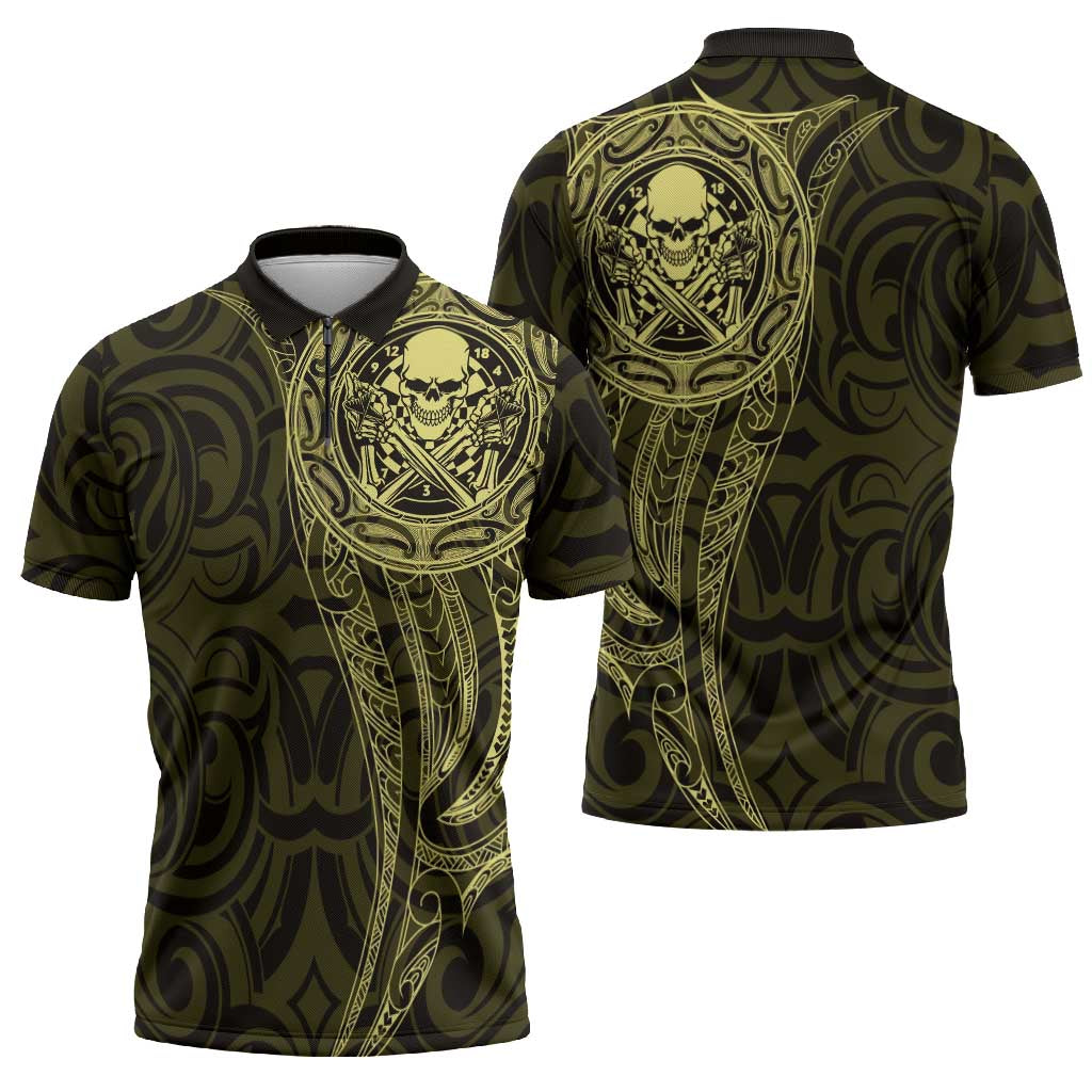 New Zealand Skull Darts Zipper Polo Shirt Aotearoa Maori Chest Tattoo Stylized Gold - Aussie Hoodie