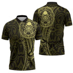 New Zealand Skull Darts Zipper Polo Shirt Aotearoa Maori Chest Tattoo Stylized Gold - Aussie Hoodie