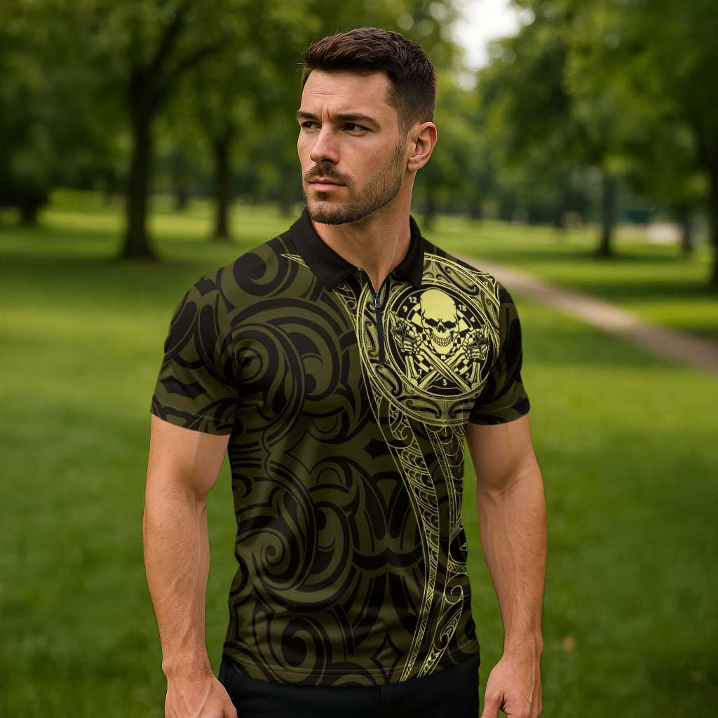 New Zealand Skull Darts Zipper Polo Shirt Aotearoa Maori Chest Tattoo Stylized Gold - Aussie Hoodie