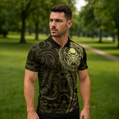 New Zealand Skull Darts Zipper Polo Shirt Aotearoa Maori Chest Tattoo Stylized Gold - Aussie Hoodie