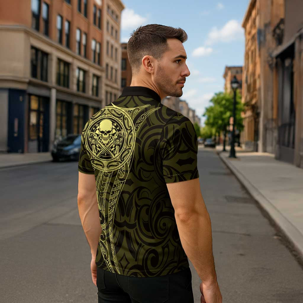 New Zealand Skull Darts Zipper Polo Shirt Aotearoa Maori Chest Tattoo Stylized Gold - Aussie Hoodie