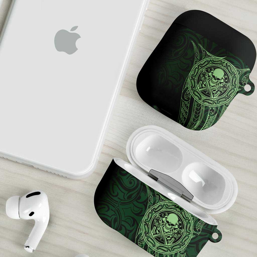 New Zealand Skull Darts AirPods Case Aotearoa Maori Chest Tattoo Stylized Green - Aussie Hoodie