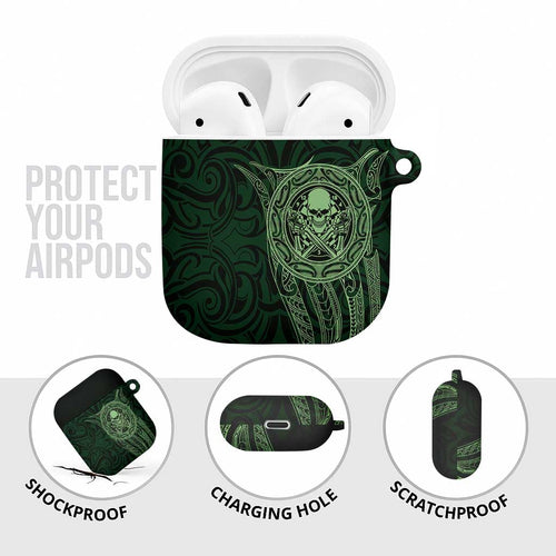 New Zealand Skull Darts AirPods Case Aotearoa Maori Chest Tattoo Stylized Green - Aussie Hoodie