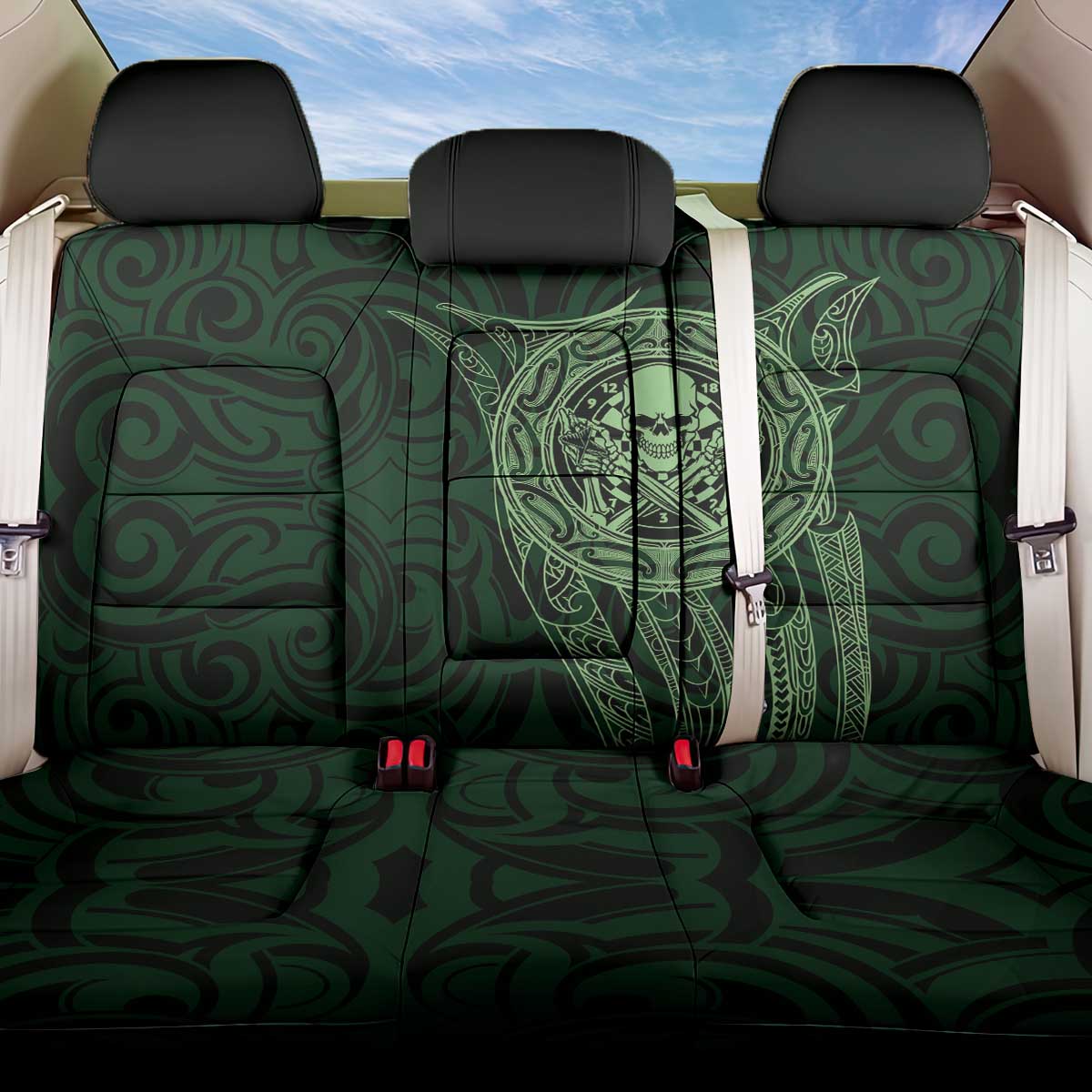 New Zealand Skull Darts Back Car Seat Cover Aotearoa Maori Chest Tattoo Stylized Green - Aussie Hoodie