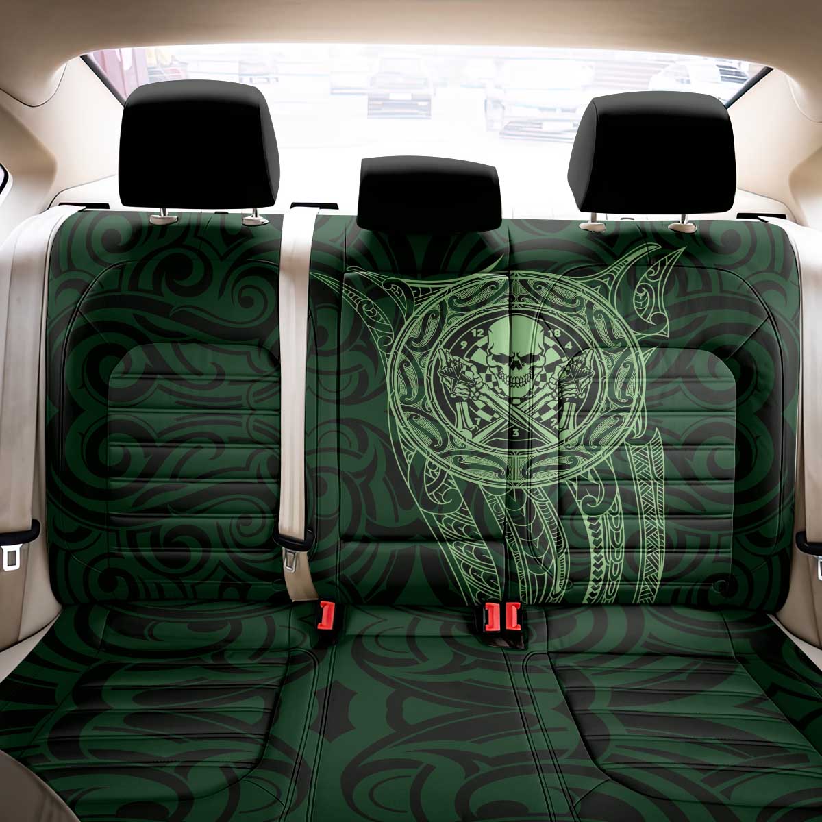New Zealand Skull Darts Back Car Seat Cover Aotearoa Maori Chest Tattoo Stylized Green - Aussie Hoodie