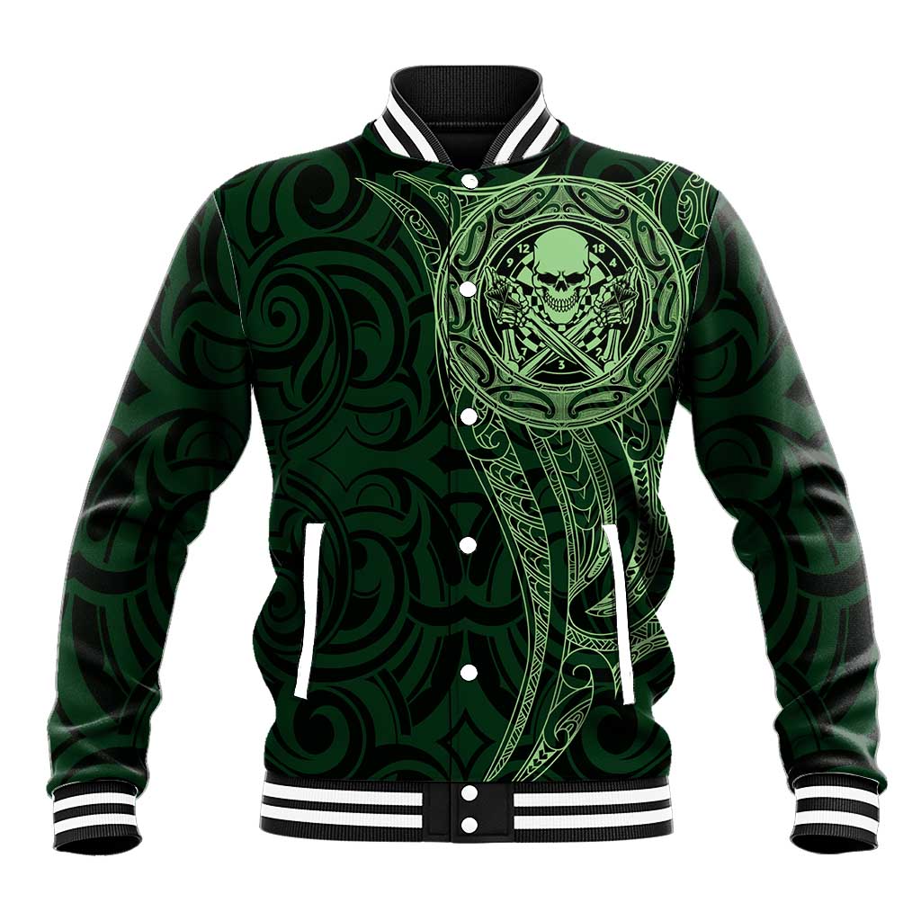 New Zealand Skull Darts Baseball Jacket Aotearoa Maori Chest Tattoo Stylized Green - Aussie Hoodie