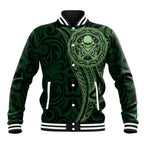 New Zealand Skull Darts Baseball Jacket Aotearoa Maori Chest Tattoo Stylized Green - Aussie Hoodie