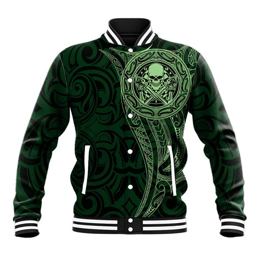 New Zealand Skull Darts Baseball Jacket Aotearoa Maori Chest Tattoo Stylized Green - Aussie Hoodie