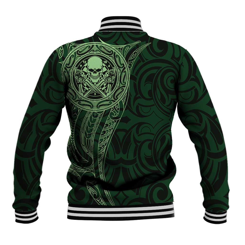 New Zealand Skull Darts Baseball Jacket Aotearoa Maori Chest Tattoo Stylized Green - Aussie Hoodie