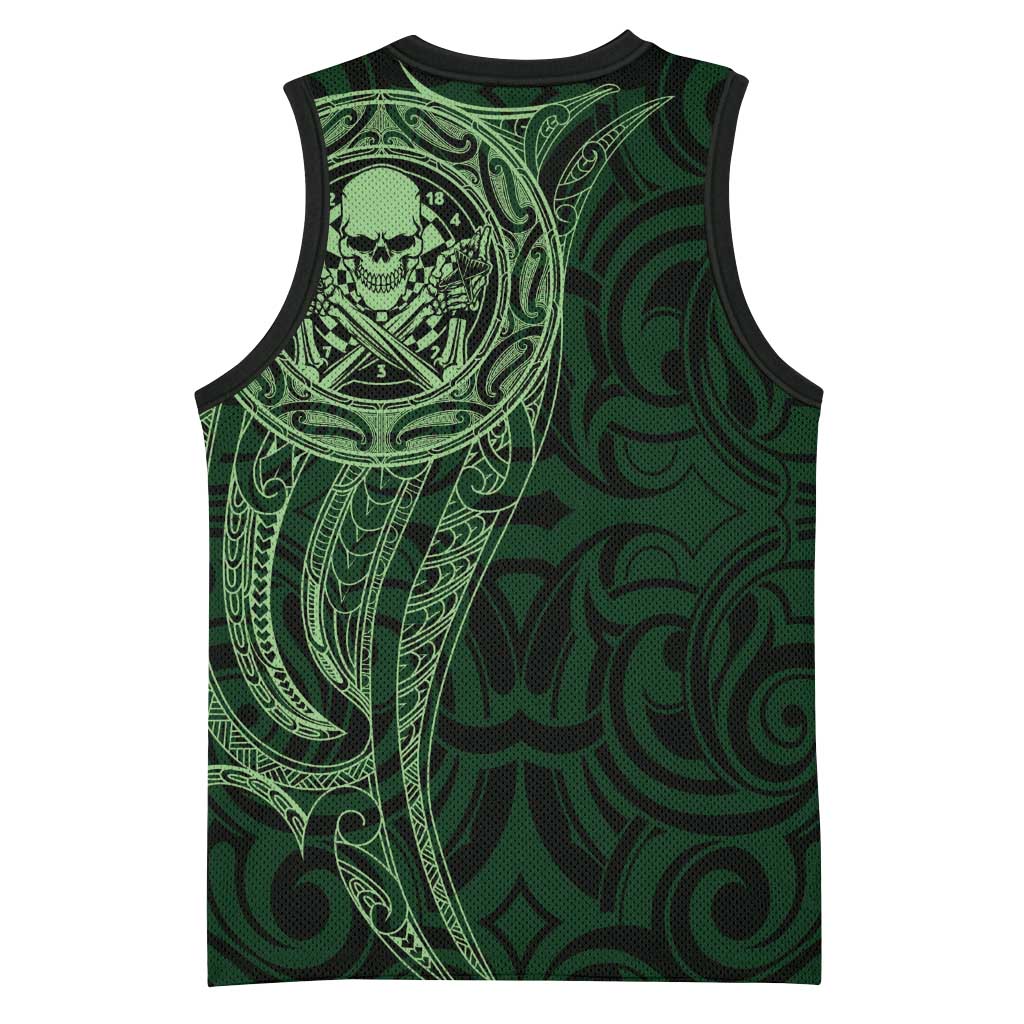 New Zealand Skull Darts Basketball Jersey Aotearoa Maori Chest Tattoo Stylized Green - Aussie Hoodie