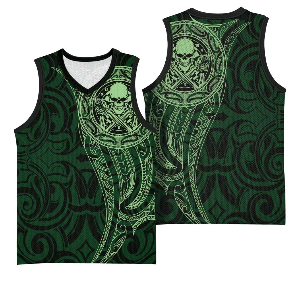 New Zealand Skull Darts Basketball Jersey Aotearoa Maori Chest Tattoo Stylized Green - Aussie Hoodie