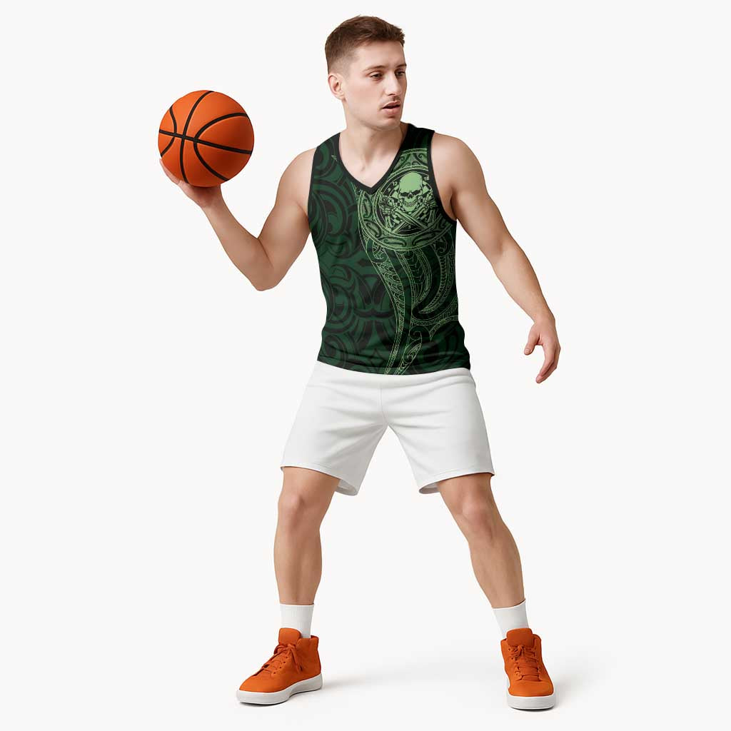 New Zealand Skull Darts Basketball Jersey Aotearoa Maori Chest Tattoo Stylized Green - Aussie Hoodie