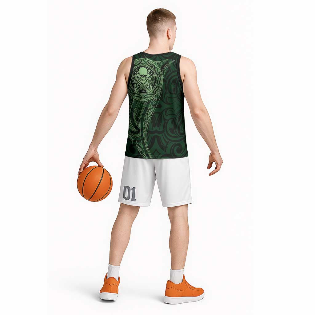 New Zealand Skull Darts Basketball Jersey Aotearoa Maori Chest Tattoo Stylized Green - Aussie Hoodie