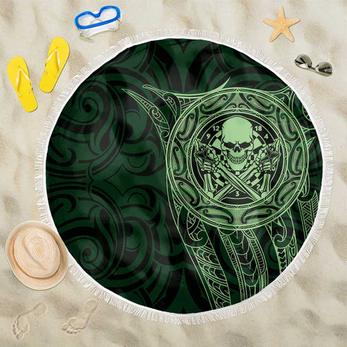 New Zealand Skull Darts Beach Blanket Aotearoa Maori Chest Tattoo Stylized Green - Aussie Hoodie