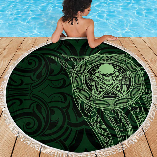 New Zealand Skull Darts Beach Blanket Aotearoa Maori Chest Tattoo Stylized Green - Aussie Hoodie