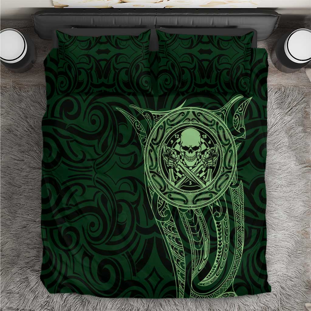 New Zealand Skull Darts Bedding Set Aotearoa Maori Chest Tattoo Stylized Green - Aussie Hoodie