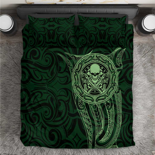 New Zealand Skull Darts Bedding Set Aotearoa Maori Chest Tattoo Stylized Green - Aussie Hoodie