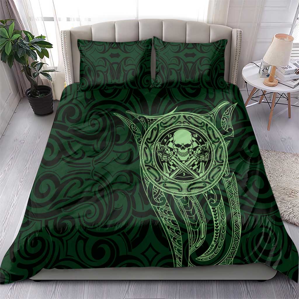 New Zealand Skull Darts Bedding Set Aotearoa Maori Chest Tattoo Stylized Green - Aussie Hoodie