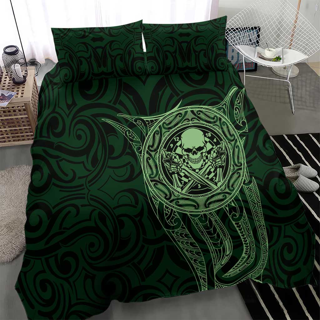 New Zealand Skull Darts Bedding Set Aotearoa Maori Chest Tattoo Stylized Green - Aussie Hoodie