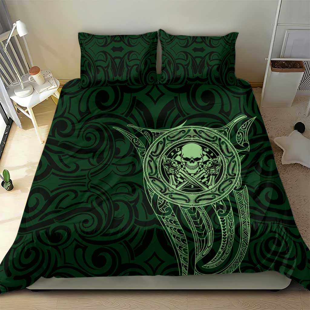 New Zealand Skull Darts Bedding Set Aotearoa Maori Chest Tattoo Stylized Green - Aussie Hoodie