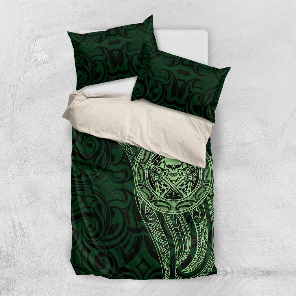 New Zealand Skull Darts Bedding Set Aotearoa Maori Chest Tattoo Stylized Green - Aussie Hoodie