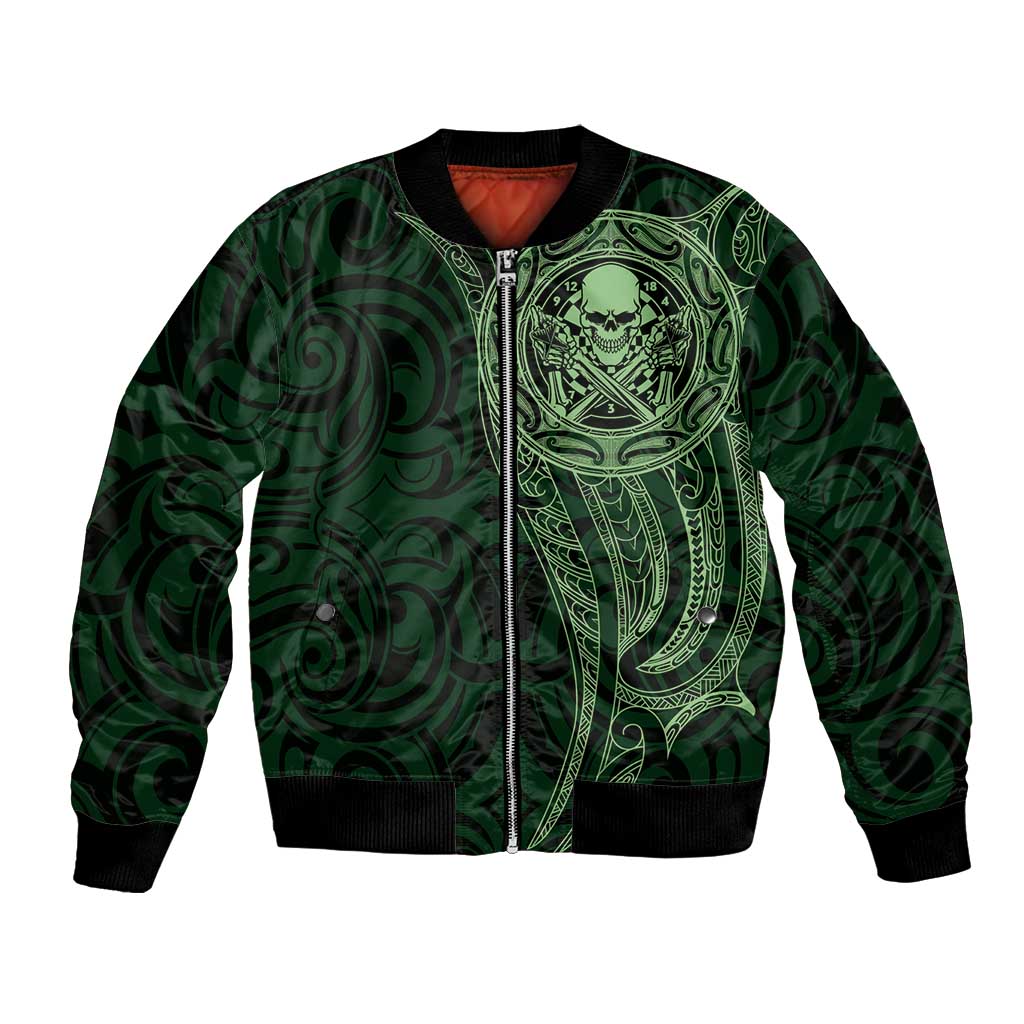 New Zealand Skull Darts Bomber Jacket Aotearoa Maori Chest Tattoo Stylized Green - Aussie Hoodie
