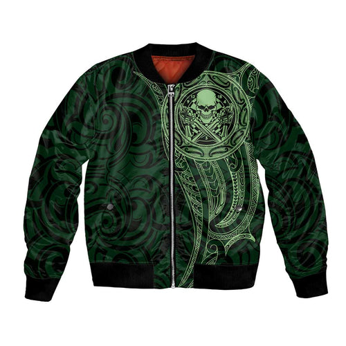 New Zealand Skull Darts Bomber Jacket Aotearoa Maori Chest Tattoo Stylized Green - Aussie Hoodie