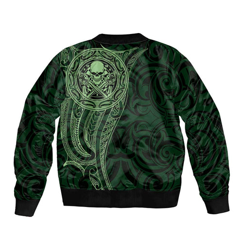 New Zealand Skull Darts Bomber Jacket Aotearoa Maori Chest Tattoo Stylized Green - Aussie Hoodie