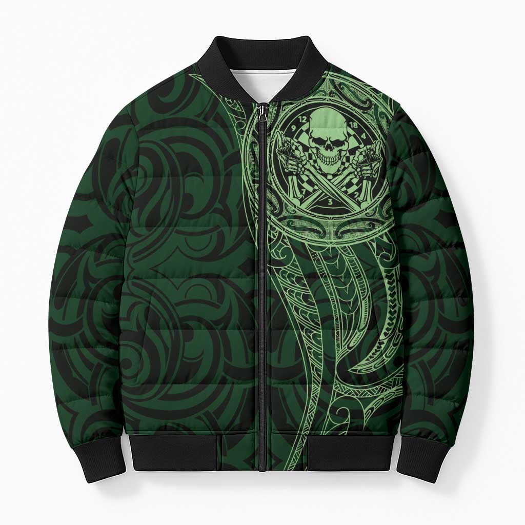 New Zealand Skull Darts Bomber Puffer Jacket Aotearoa Maori Chest Tattoo Stylized Green - Aussie Hoodie