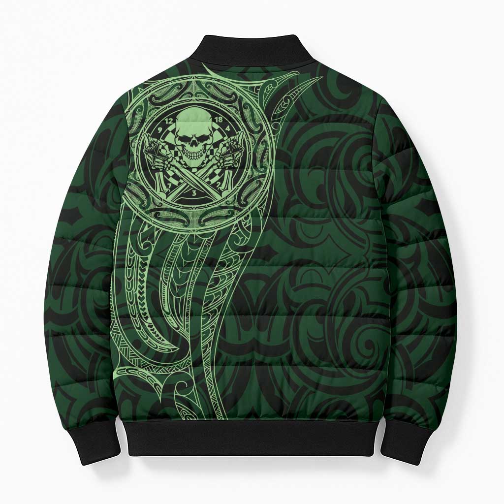 New Zealand Skull Darts Bomber Puffer Jacket Aotearoa Maori Chest Tattoo Stylized Green - Aussie Hoodie