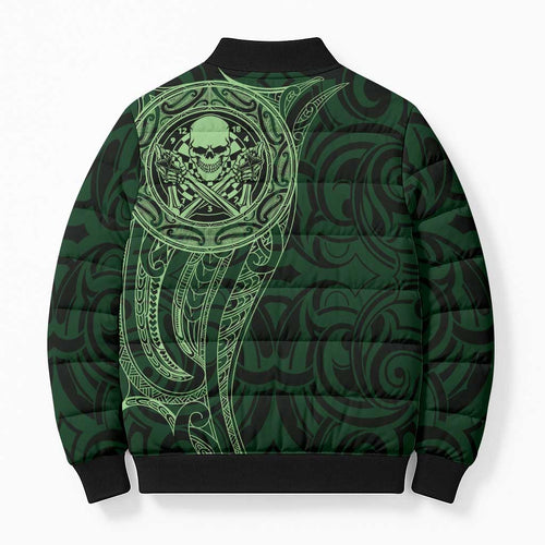 New Zealand Skull Darts Bomber Puffer Jacket Aotearoa Maori Chest Tattoo Stylized Green - Aussie Hoodie