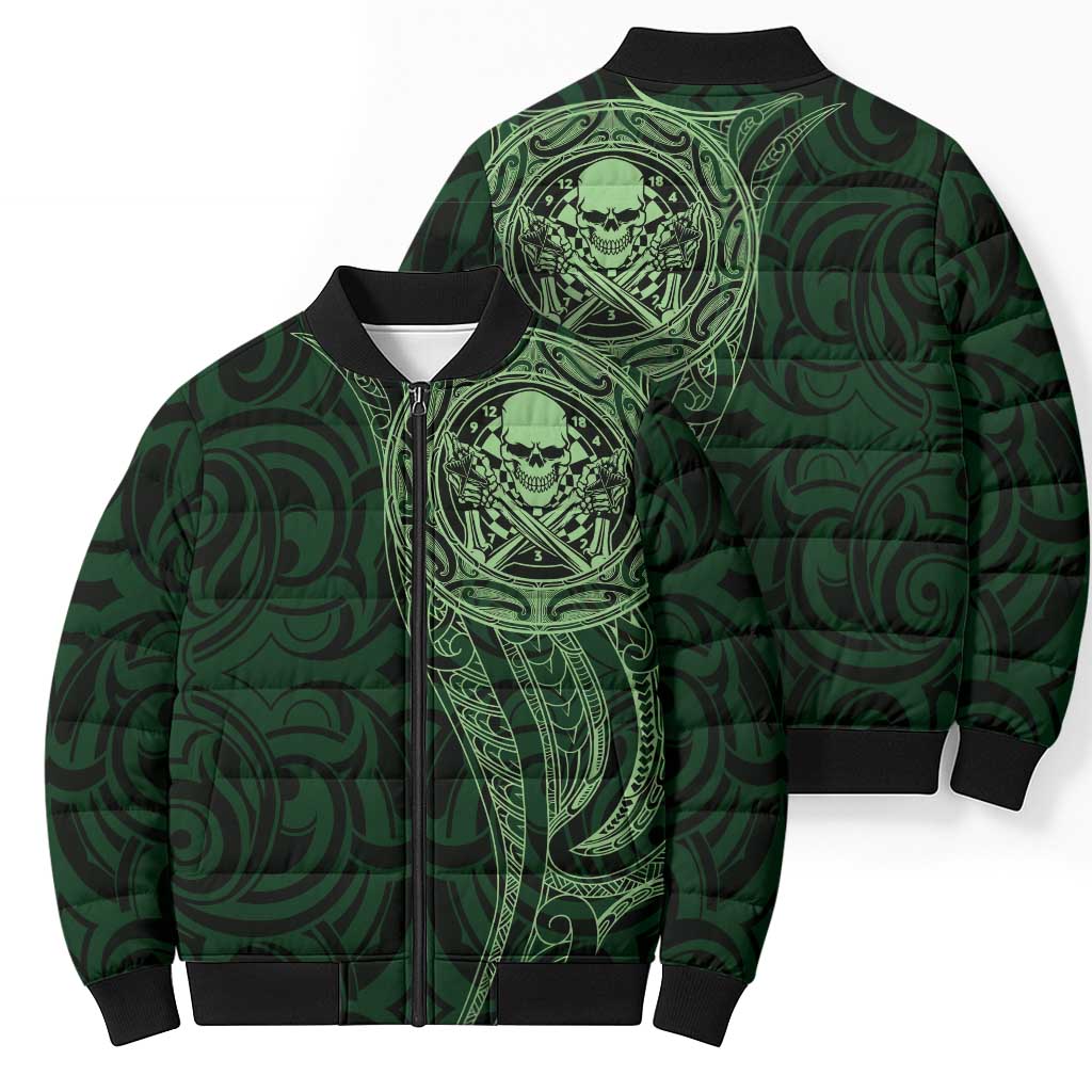 New Zealand Skull Darts Bomber Puffer Jacket Aotearoa Maori Chest Tattoo Stylized Green - Aussie Hoodie