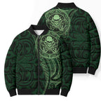 New Zealand Skull Darts Bomber Puffer Jacket Aotearoa Maori Chest Tattoo Stylized Green - Aussie Hoodie