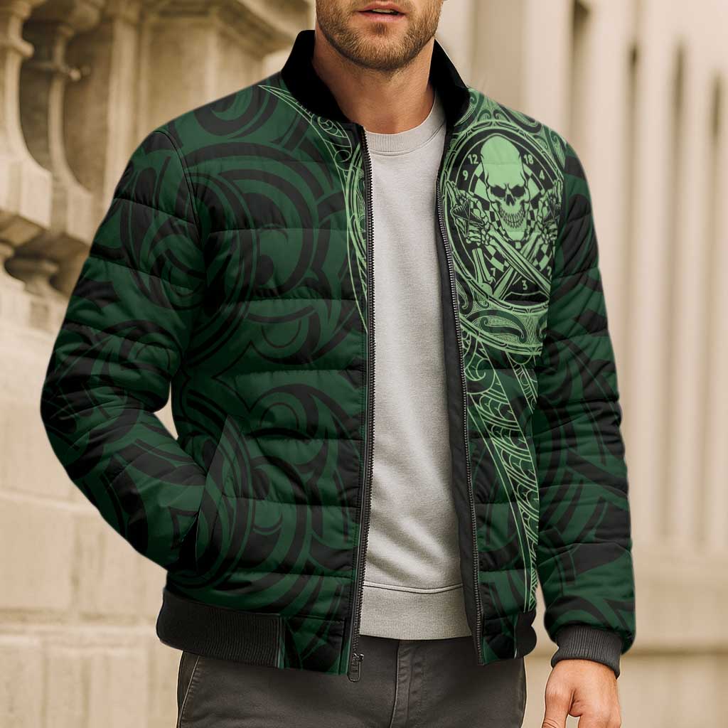 New Zealand Skull Darts Bomber Puffer Jacket Aotearoa Maori Chest Tattoo Stylized Green - Aussie Hoodie
