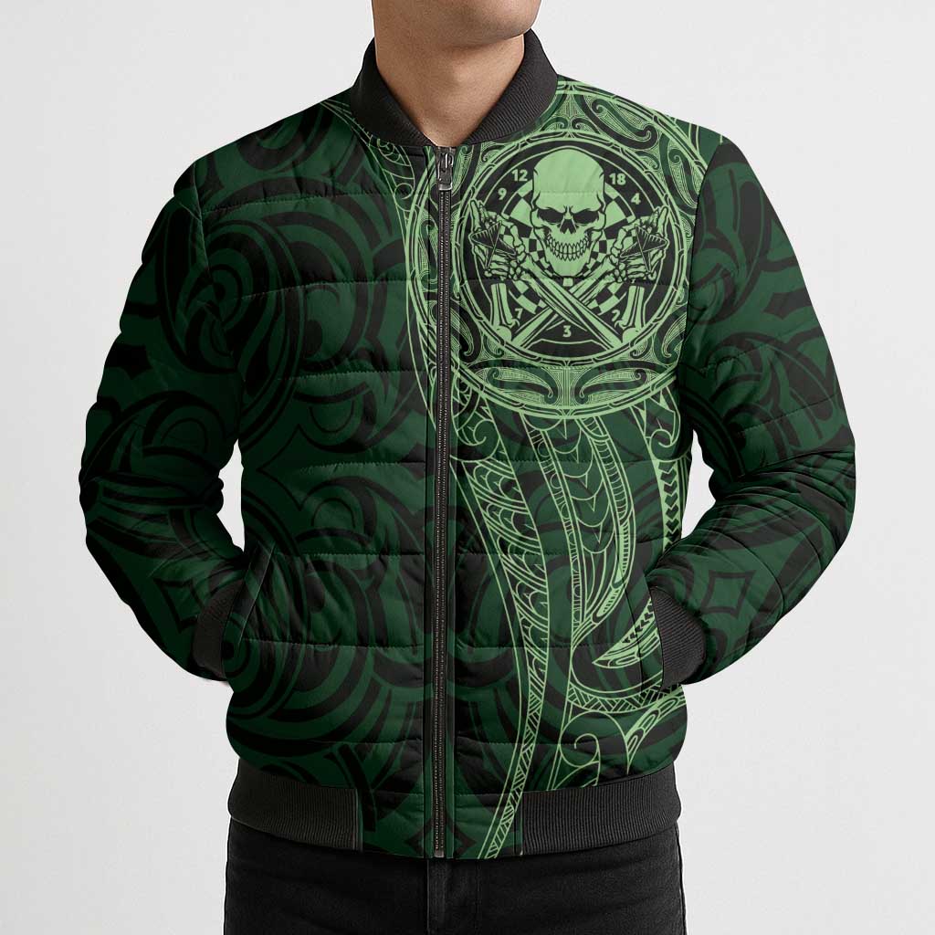 New Zealand Skull Darts Bomber Puffer Jacket Aotearoa Maori Chest Tattoo Stylized Green - Aussie Hoodie