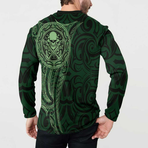 New Zealand Skull Darts Button Sweatshirt Aotearoa Maori Chest Tattoo Stylized Green - Aussie Hoodie