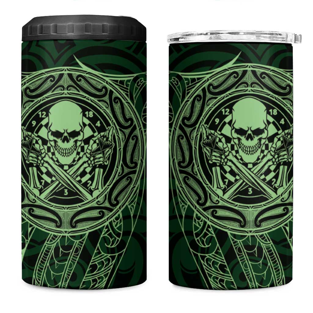New Zealand Skull Darts 4 in 1 Can Cooler Tumbler Aotearoa Maori Chest Tattoo Stylized Green - Aussie Hoodie